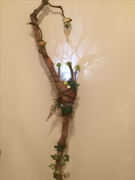 My handmade festival walking sticks Witchy Walking Staff, Fairy Walking Stick, Fairy Staff Diy, Walking Sticks Diy, Mushroom Staff, Fairy Staff, Druid Staff, Satyr Costume, Witch Stick