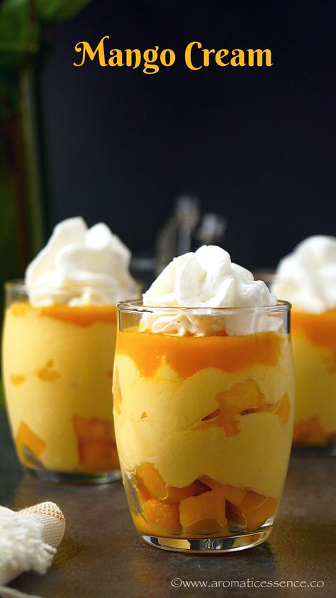 Step-by-step recipe with pictures to make Mango cream. How to make mango cream. Pictorial recipe to make Indian mango fruit cream. Mango Side Dish, Mango Dessert Recipes Easy, Mango Desert, Mango Custard Recipe, Mango Desserts, Mango Recipe, Indian Mango, Mango Dessert Recipes, Fruit Cream