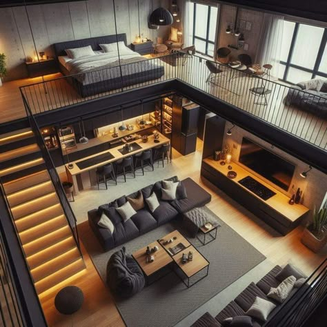 Modern Loft Apartment Luxury, Loft Houses, Layout Composition, Loft Homes, Loft Bedrooms, Loft House Design, Aesthetic Architecture, Loft Interior Design, Tiny House Loft