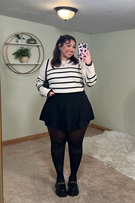 Skirt And Nylons Outfit, White Sweater Black Skirt Outfit, Preppy Outfits Mid Size, Plus Size Outfits With Loafers, Winter Skirt Outfit With Boots Tights, Plus Size Outfits Skirts, Black Skirt Outfit Plus Size, Plus Size Black Skirt Outfit, Plus Size Skirt Outfits Winter