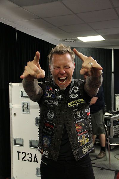 James Hetfield of Metallica wearing one of three battle vests he wears onstage... James Metallica, Battle Jackets, Battle Vest, Battle Jacket, Heavy Metal Rock, Rock And Roll Bands, James Hetfield, Prague Czech Republic, Prague Czech