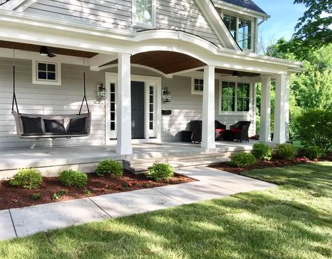 Alabaster And Mindful Gray, Sw Mindful Gray Exterior House, Mindful Gray Sherwin Williams Exterior, Best Gray Exterior Paint Colors, Hanging Loveseat, Greige Exterior House Colors, Grey Home Exterior, Sherwin Williams Mindful Gray, Gray Home Exterior