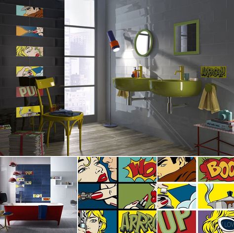 Fancy some pop art for your bathroom or kitchen? Check out these Roy Lichtenstein-inspired Pop tiles by Imola. Pop Art Bathroom Ideas, Pop Art Decor Interior Design, Pop Art Design Interior, Pop Art Kitchen, Pop Art Bathroom, Things To Write About, Things To Write, Pop Art Decor, West Home