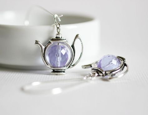 Teapot Earrings, Teapot Jewelry, Tea Earrings, Lavender Earrings, Lilac Lavender, Earring Wire, Tea Lovers Gift, Silver Tea, Long Dangle Earrings