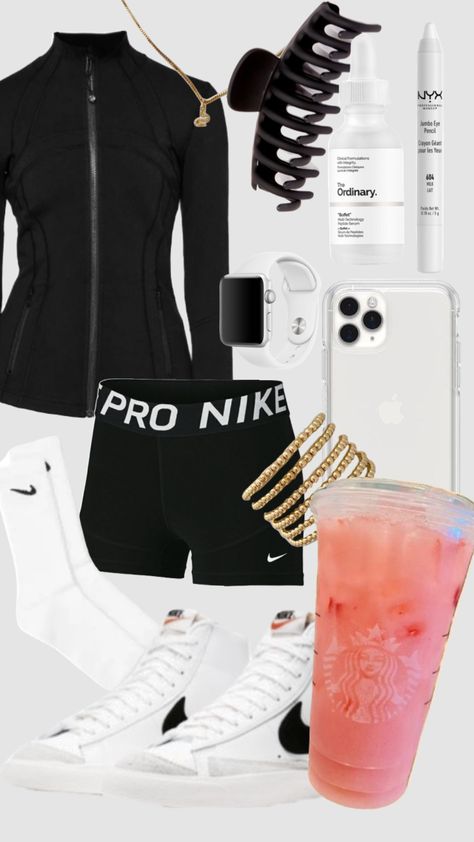 #fit #fitinspo #outfitinspo #nike #nikepros Outfits To Wear With Nike Pros Shorts, Blue Nike Pros Outfit, What To Wear With Black Nike Shorts, Black Nike Pro Shorts Outfit, Nike Pros Outfit School, Styling Nike Pros, Nike Pros Under Sweatpants Outfit, Nike Pro Shorts Outfit Casual, Nike Pros And Sweatpants