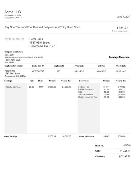 Long Black & White Paystub Sample Template | ThePayStubs.com Paystub Template Free Printable, Payroll Template Free, Paystubs Template, Paystub Template Free, Check Stubs, Payroll Checks, Payroll Template, Doctors Note Template, Printable Tags Template