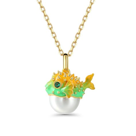 One of the oceans most beguiling creatures, this Puffer fish pendant is sure to receive attention whenever it is worn. The fine spots, eyes, and caudal fin are all depicted, and the body is also carefully decorated with a cultured pearl. A baby puffer fish in yellow gold tone with a small round emerald in each eye is cute enough for anyone to wear.Carat Weight: 7.69 ctStone Size: 2,10 mmNumber of Stones: 3 Stone Shape: RoundStone Color: Emerald Green, Pearl WhiteChain Type: Cable chainWeight: 7. Kids Jewellery, Dreamy Garden, Fish Jewelry, Fish Necklace, Puffer Fish, Fish Pendant, Classic Necklace, Gifts For My Wife, White Necklace