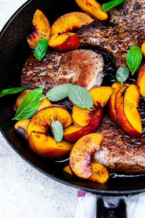 Bourbon Balsamic Glazed Pork Chops with Peaches - Tasting With Tina Pork Chops With Peaches, Balsamic Glazed Pork Chops, Sesame Pork, Balsamic Peach, Balsamic Pork Chops, Peach Pork Chops, Glazed Peaches, Balsamic Vinegar Recipes, Steak Dishes