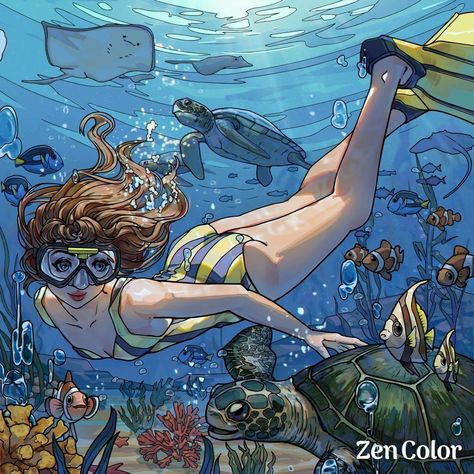 Couple Swimming, Grade 1 Art, Zen Pictures, Analogous Color Scheme, Zen Colors, Scuba Girl, Creative Drawing, Ocean Art, Tropical Fish