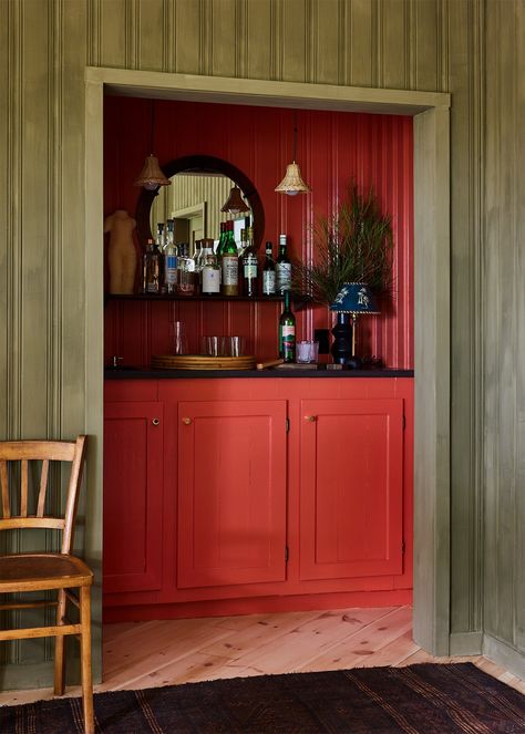 Knotty Pine Walls, Bar Nook, Bungalow Renovation, Pine Walls, Red Bar, Inside Interiors, Kitchen Floor Tile, First Apartment, Carriage House