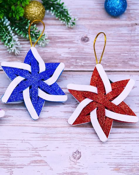 Tree Shaped Ornaments Diy, Foamiran Christmas Ornaments, Patriotic Ornaments Diy, Foam Decorations Ideas, Foam Ornaments Christmas, Foam Sheets Crafts, Xmas Crafts To Sell, Foam Christmas Crafts, Foam Paper Crafts