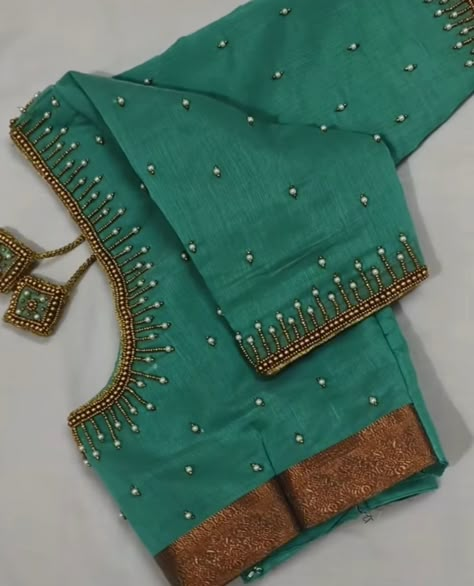 Sky Blue Colour Blouse Designs, Modal Blouse Designs, Basic Aari Work Blouse Design, Green Aari Work Blouse Design, Simple Ariya Work Blouse Design, Neck Pattern For Blouse, Green Blouse Embroidery Designs, Aari Simple Blouse Design 1000, Aari Work Blouse Simple Design 1000 Rs