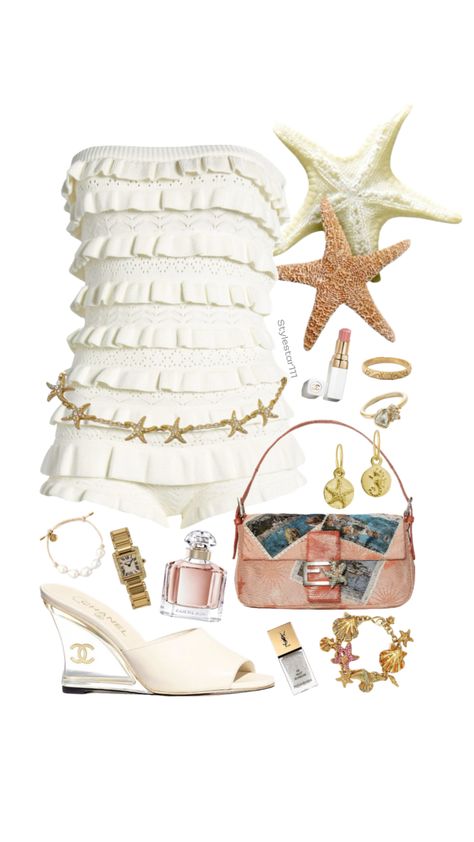 #collage #moodboard #outfitinspo #virtualstylist #seashell #ocean #gold #fashion #outfit Summer Outfit Collage, Starfish Embroidery, Euro Summer Outfit, Collage Fashion, Collage Moodboard, Summer Ocean, Outfit Collage, Euro Summer, Fashion Collage