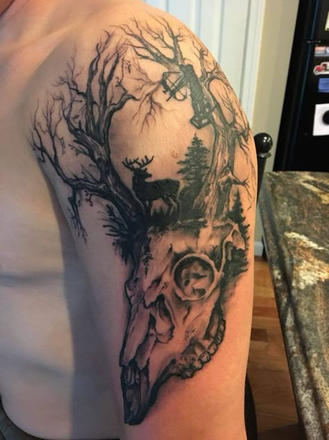 30+ Deer Skull Tattoo Designs, Ideas, and Meanings | PetPress Bow Hunting Tattoos, Deer Hunting Tattoos, Archery Tattoo, Tattoo Deer, Antler Tattoos, Deer Head Tattoo, Elk Tattoo, Deer Skull Tattoos, Deer Tattoo Designs