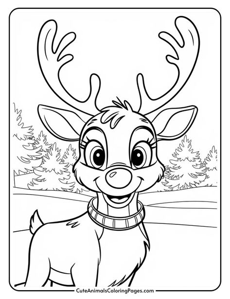 A cheerful cartoon reindeer with large antlers, wearing a striped collar, standing in a snowy landscape surrounded by trees, designed for coloring activities. Rudolf The Red Nosed Reindeer Drawing, Rudolph Coloring Pages Free Printable, Cartoon Coloring Pages Free Printable, Rudolph The Red Nosed Reindeer Drawing, Rudolf Drawing, Reindeer Drawing Easy, Santa Coloring Pages Free Printable, Rudolph Drawing, Christmas Coloring Sheets Free Printable