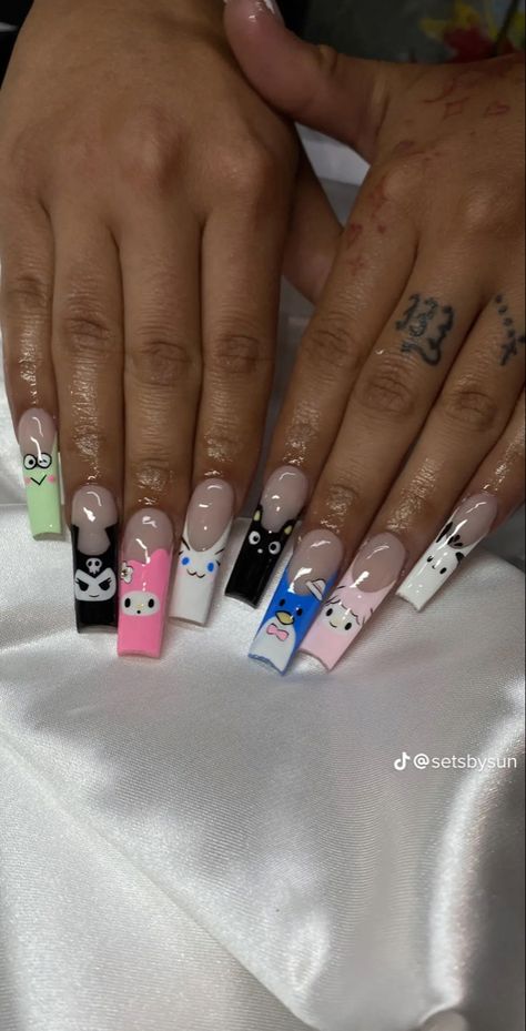 Hello Kitty And Kuromi Nails, Kirby Nails Acrylic, Hello Kitty And Friends Nails, Sanrio Nails Acrylic, Sanrio Acrylic Nails, Hello Kitty Halloween Nails, Hello Kitty Inspired Nails, Hello Kitty Acrylic Nails, Nails Sanrio