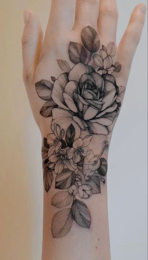 Floral Wrist Hand Tattoo, Classy Hand Tattoos For Women, Sunflower Hand Tattoo, Peony Hand Tattoo, Hand Tattoo Flower, Flower Hand Tattoos, Floral Hand Tattoo, Flower Hand Tattoo, Wrist Hand Tattoo