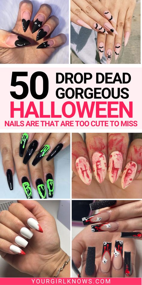 'Tis the season for all things spooky, but if you're looking for something a bit softer and cuter, check out these 50 incredibly INSANELY SPOOKY YET CUTE Halloween nails! Get creative and show off your spook-tacular style this Halloween with one of these fabulous nail designs! Short Pointed Halloween Nails, Halloween No Chip Nails, Halloween Horror Nail Designs, Halloween Nails Art Designs, Goth Nails Almond Shape, Black Witchy Nail Designs, Nails For Halloween Acrylic, Halloween Horror Nights Nails, Short Square Acrylic Nails Halloween