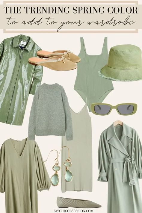 The trending color for spring and how to wear it! #sagegreen #pistachio #springfashion Pistachio Outfit, Patent Trench Coats, Green Sweater Outfit, Trendy Mom Outfits, My Chic Obsession, Pistachio Color, Pink Slip Dress, Green Trench Coat, Vintage Denim Shorts