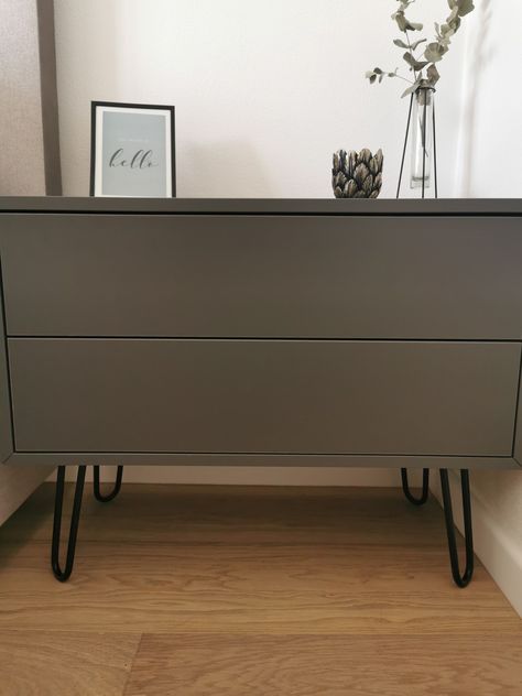 Ikea Eket Nightstand, Eket Nightstand, Eket Ikea Hacks, Eket Ikea, Grey Nightstand, Ikea Eket, Gray Nightstand, Door Design Interior, Hairpin Legs