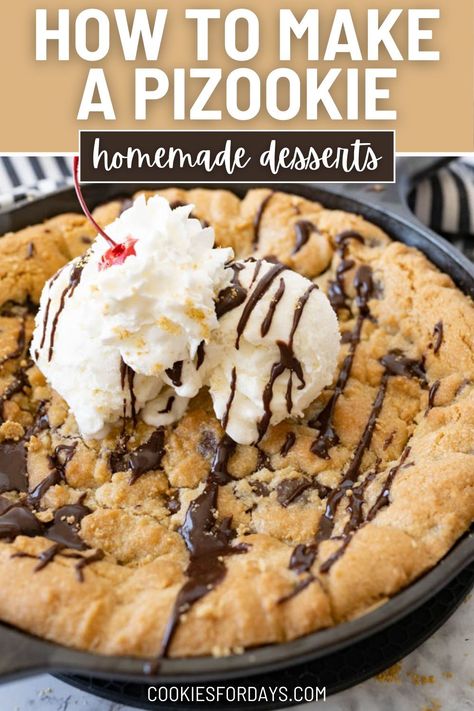 Pizookies are a pizza-sized, gourmet cookie baked to slightly underdone perfection and served a la mode. Gooey. Chocolatey. Decadent. Melty. Warm. This skillet cookie checks all the my ‘dream dessert’ boxes.  A warm, gooey, chocolatey cookie is a winner. But make it oversized and top it with melty ice cream and a pizookie champion is born. | how to make pizookie | homemade pizookie easy | homemade pizookie recipes | pizookie recipe easy | pizookie dessert |  best pizookie recipe Pizookie Recipe Easy, Homemade Pizookie Easy, Bjs Pizookie Recipe, Cookies And Cream Pizookie Recipe, Homemade Pizookie, Spooky Pizookie, Pizookie Recipe, Cookie Pies, Gourmet Cookie