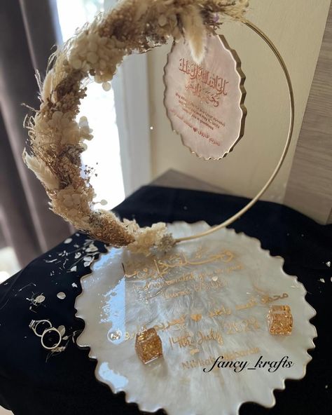 Nikah ring platter with flower hoop. . Customisable for any occasion. . #resinart #resinringplatter #resinnikahplate #giftideas #customisedgifts Resin Ring Platter, Real Flower Ring, Ring Platter, Wedding Platters, Resin Trays, Ring Tray, Customised Gifts, Resin Coaster, Cream Colour