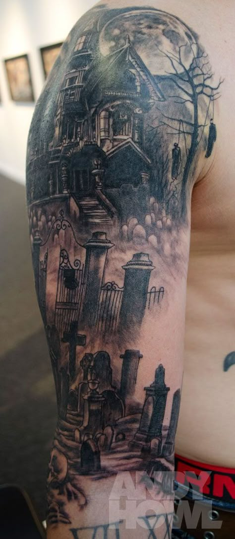 Tattoo Crane, Graveyard Tattoo, Halloween Tattoos Sleeve, Mangas Tattoo, Skull Sleeve Tattoos, Evil Tattoos, Scary Tattoos, Sweet Tattoos, Spooky Tattoos