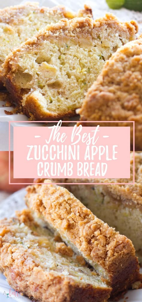 This easy zucchini apple crumb bread recipe is the perfect fall dessert! Filled with fresh apples and zucchini and topped with a brown sugar cinnamon crumb topping, this quick bread recipe is a fall staple! Recipe For Zucchini Bread, Apple Zucchini Bread, Zucchini Desserts, Recipe For Zucchini, Zucchini Recipes Dessert, Easy Zucchini Bread, Best Zucchini Bread, Best Zucchini, Apple Bread Recipe