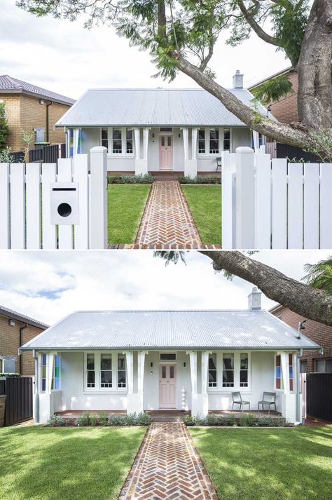 Recycled Brick Front Fence, Recycled Brick Fence, Recycled Brick Path, White Fence Front Yard, Brick Cottage Exterior, Small Brick Patio, Australian Country Houses, Airbnb Cabin, Front Path