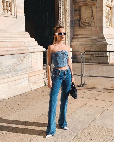 Denim Bustier Outfit, Bustier Outfit, Denim Bustier, Strapless Top, Summer Outfits, Women's Fashion, Women's Top