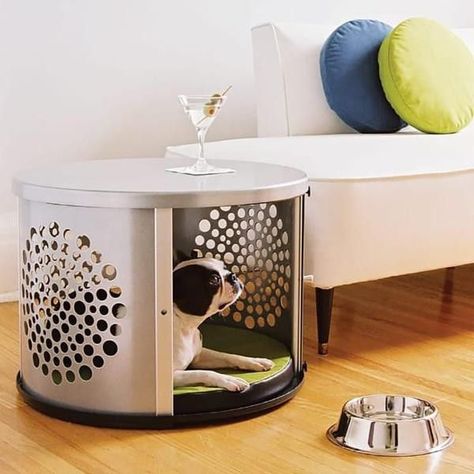 Dog crates disguised as furniture: This circular dog crate with sunburst perforations is also a great-looking end table. Coffee Table Dog Bed, Pet Crate Furniture, Milk Crate Furniture, Crate Side Table, Crate Bench, Double Dog Crate, Crate Coffee Table, Crate Bookshelf, Diy Storage Rack