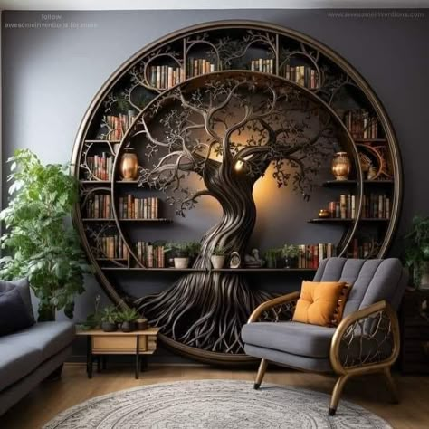 Geeky Interior Design, Nerdy Interior Design, Fantasy House Decor, Library Ideas For Home, Nerdy Living Room, Nerd Living Room, Magical Bookshelf, Home Library Design Ideas, Royal Bedroom Design