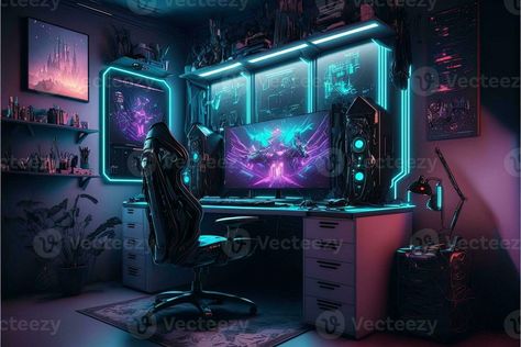 Spectacular gaming room interior, gaming pc, gaming desk, game setup room, tv, desk for five People, futuristic, LED lights, cyberpunk color. Generative AI Gaming Setup Cyberpunk, Cyberpunk Desk Setup, Cyberpunk Gaming Room, Gaming Room Interior, Cyberpunk Color, Tv Desk, Desk Game, Pc Gaming Desk, Gaming Lounge