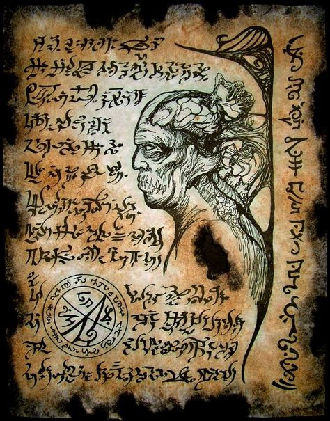 Necromantic Mysteries by MrZarono |  Traditional Art / Drawings / Macabre & Horror | "Visit my Etsy store to buy my hand weathered Necronomicon pages: www.etsy.com/shop/zarono  Or Ebay : http://www.ebay.com/sch/zarono/m.html?_nkw=&_armrs=1&_from=&_ipg=25&_trksid=p3692 " Larp Props, Lovecraft Cthulhu, Lovecraftian Horror, Hp Lovecraft, Cthulhu Mythos, Ange Demon, Ancient Books, Occult Art, Call Of Cthulhu