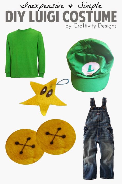 luigi costume simple inexpensive DIY craftivity designs Diy Luigi Costume, Mario Costume Diy, Mario Halloween Costumes, Costume Simple, Sew Halloween Costume, Luigi Costume, Mario Y Luigi, Mario Costume, Star Costume