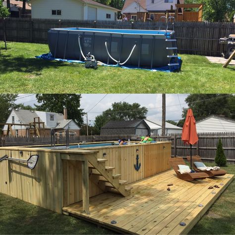 Modernize Above Ground Pool, Partially Above Ground Pool, Above Ground Pool Buried In Ground, Above Ground Pool With Shallow End, Partially Buried Above Ground Pool, Above Ground Pool Landscaping, Above Ground Pool, In Ground Pools, Pool Landscaping