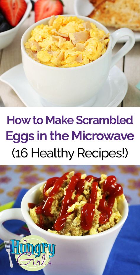 Healthy Egg Mug Recipes, How to Make Scrambled Eggs in the Microwave | Hungry Girl Scrambled Eggs In The Microwave, Microwave Recipes Dinner, Eggs In The Microwave, Recipes Microwave, Microwave Mug Recipes, Easy Microwave Recipes, Ww Ideas, Ww Breakfast, Apple Card