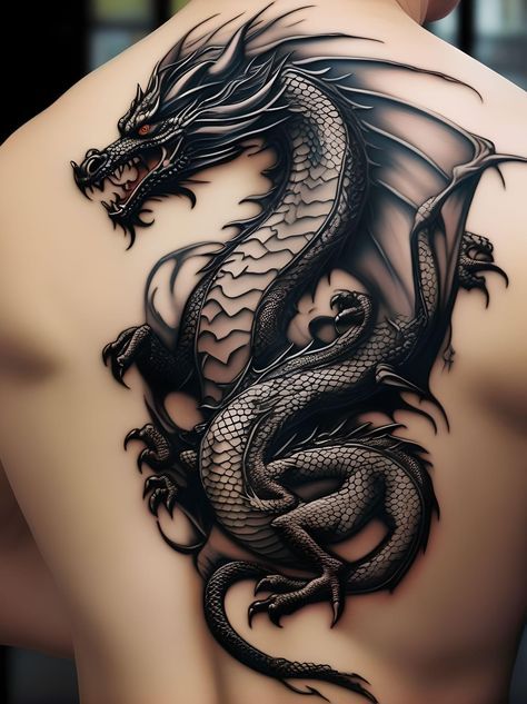 Dragon Tattoo On Back For Man, Dragon Tattoos For Men Back, Dragon Tattoo Back Man, Dragon Tattoo Man, Dragon Sleeve Tattoos Men, Dark Dragon Tattoo, Dragon Fire Tattoo, Dragon Leg Sleeve, Dragon Tattoo Men