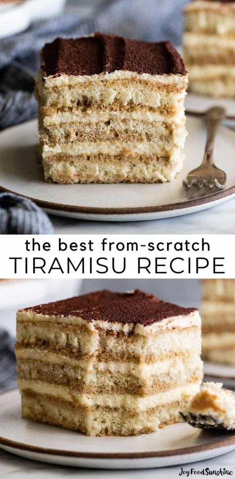 This authentic Tiramisu Recipe made completely from scratch. A creamy mascarpone filling sits between three layers of homemade lady fingers soaked in rum & coffee with a dusting of cocoa powder on top. It is seriously the absolute best tiramisu cake ever. Lady Fingers Recipe Tiramisu, What To Do With Lady Fingers, Terimisu Cake, Thanksgiving Tiramisu, Homemade Tiramisu Recipe, Authentic Tiramisu Recipe, Lady Fingers Dessert, Authentic Tiramisu, Tiramisu Recipes