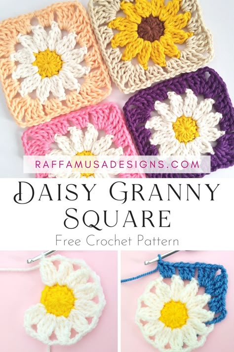 a collage of pictures showing daisy granny squares crocheted in different yarn colors Crochet Flower Granny Square Pattern, Daisy Granny Square, Motifs Granny Square, Crochet Flower Squares, Granny Square Crochet Patterns Free, Clothes Tutorial, Clothes Crochet, Crochet Daisy, Crochet Sunflower