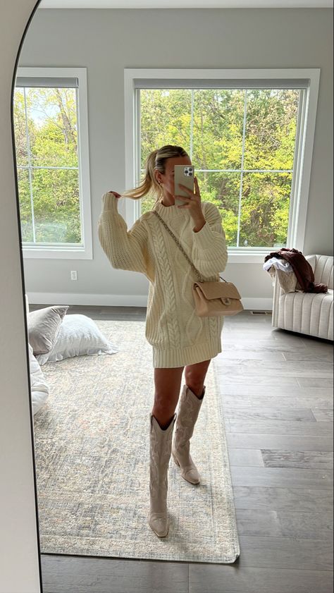 Call Sweater Outfit, Classy Sweater Dress Outfit, Over Sized Sweater Dress Outfit, Christmas Dinner Outfit Classy Casual, Western Sweater Dress Outfits, Christmas Sweater Dress Outfit, Sweater Dresses Outfits, Sweater Dress Christmas Outfit, Sweater Dress And Boots Outfit