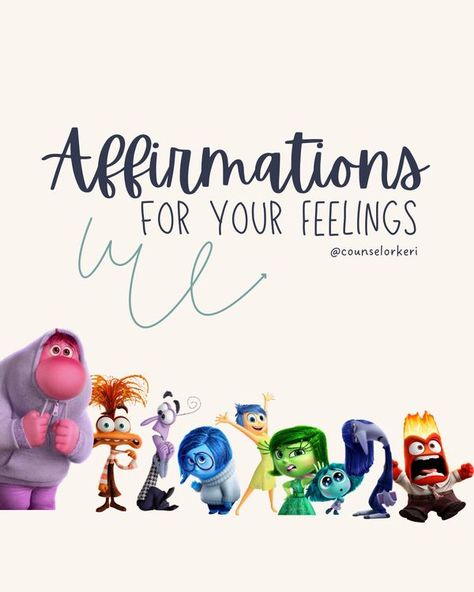 Counselor Keri Emotions Affirmations, Preschool Teacher Tips, Counselor Keri, Inside Out Emotions, Kids Feelings, Inside Out Characters, Mental Health Activities, Counseling Kids, Mental Health Therapy