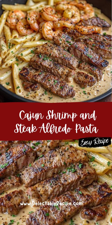 Shrimp And Steak Alfredo Pasta, Steak Alfredo Pasta, Beef Cube Steak Recipes, Steak Alfredo, Shrimp Pasta Recipes Easy, Cooked Shrimp Recipes, Steak Shrimp, Steak Dinner Recipes, Cube Steak Recipes