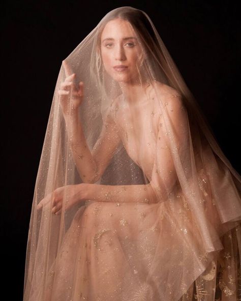 Emily Riggs on Instagram: “I’m in the mood for fall. Looking forward to more moody collaborations 🖤  Photo: @elliebaygulov  Muah: @yurgirlken Veil and gown:…” Celestial Gown, Silk Tulle Veil, Gold Tulle, Moons And Stars, Moon Wedding, Couture Gown, Celestial Wedding, Emily Rose, Tulle Veils