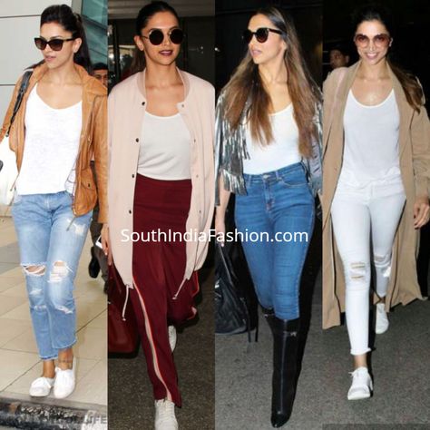 Deepika Padukone Shows Us How To Style A Basic White T-Shirt Shrugs With Jeans Outfit, Deepika Padukone In Kurti Outfit, Shrugs With Jeans, Airport Outfit Deepika Padukone, Deepika Padukone Airport Look 2023, Deepika Padukone White Dress, Style Jeans Shirt, Spiked Boots, Deepika Padukone Shirt Style