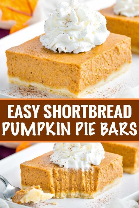 Great classic pumpkin pie flavors without the hassle of dealing with pie crust!  Make your Thanksgiving easier with these Shortbread Pumpkin Pie Bars... perfect for a larger crowd! #pumpkinpie #pumpkin #Thanksgiving #crowd #shortbread #hasslefree #easyrecipe #bars Bars With Shortbread Crust, Easy Thanksgiving Dessert Recipes, Pumpkin Pie Bars Recipe, Easy Shortbread, Classic Pumpkin Pie, Dessert Halloween, Pecan Desserts, Pie Bar Recipes, Thanksgiving Desserts Easy