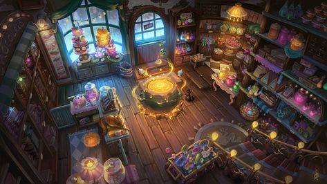 Honey Dukes, Magic Candy, Dnd Backgrounds, Witch Room, Cozy Homes, Fantasy Shop, Fantasy Rooms, Witch Shop, Paintings And Drawings