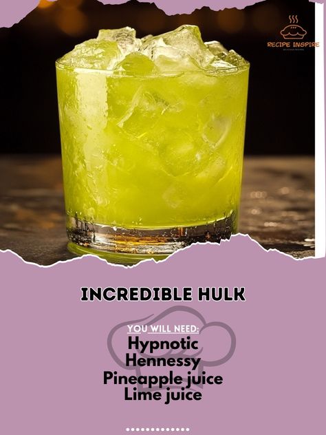 💚🍸 Turn up the green with Incredible Hulk – a powerful cocktail that’s as bold and vibrant as its namesake! #IncredibleHulk #CocktailPower Incredible Hulk Ingredients: Hypnotic (1 oz) Hennessy (1 oz) Pineapple juice (2 oz) Lime juice (1/2 oz) Ice (as needed) Instructions: Fill a shaker with ice. Add Hypnotic, Hennessy, pineapple juice, and lime juice. Shake well and strain into a glass filled with ice. Embrace the boldness of the Incredible Hulk – a cocktail that’s powerful and packed wit... Incredible Hulk Drink, Hulk Drink, Hennessy Cocktails, Yummy Alcoholic Drinks, The Incredible Hulk, Incredible Hulk, Pineapple Juice, Turn Up, Lime Juice