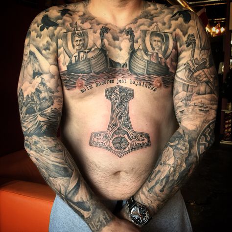 Tattoo, body suit, Vikings, viking, Nordic, Thor, mjolnir, drakkar, portrait, bng, black and gray, ink, art Mob Tattoo, Thor Hammer Tattoo, Historical Tattoos, Traditional Viking Tattoos, Thor Tattoo, Hammer Tattoo, Norse Mythology Tattoo, Scandinavian Tattoo, Viking Tattoo Sleeve