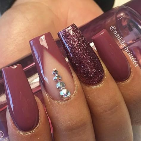 Fall Nails. Burgundy Nails. Burgundy Glitter Nails. Nails with Rhinestones. Acrylic Nails. Long Square Nails. Maroon Acrylic Nails, Maroon Nail Designs, Burgundy Acrylic Nails, Nails Burgundy, Burgundy Nail Designs, Long Square Nails, Maroon Nails, Nails Design With Rhinestones, Purple Nail